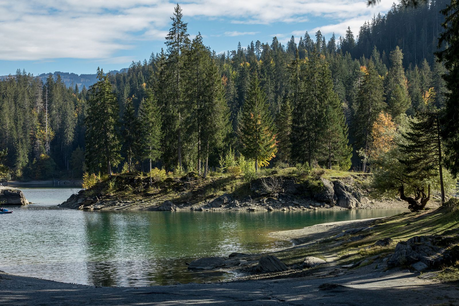 Türkisgrüner Bergsee mit Tannenwald in Graubünden